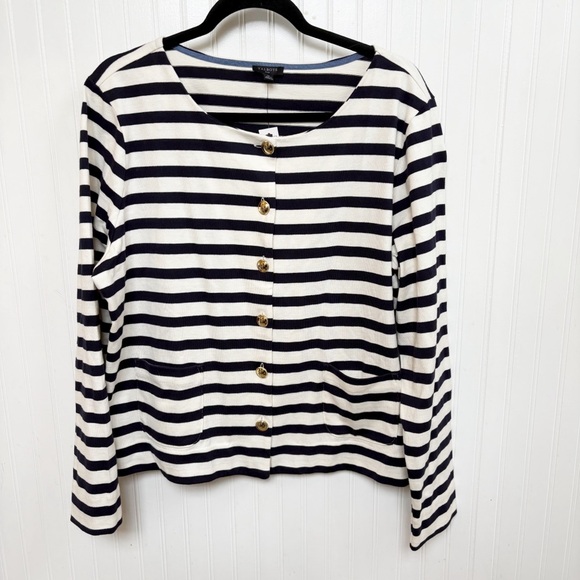 Talbots Sweaters - Talbots Plus White & Navy Blue Stripe Gold Button Cardigan Women’s Size 1X NEW